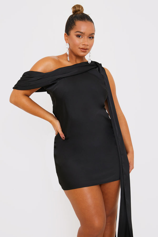 in the style Terrie Mcevoy Satin Asymmetric Neckline Mini Dress Black
