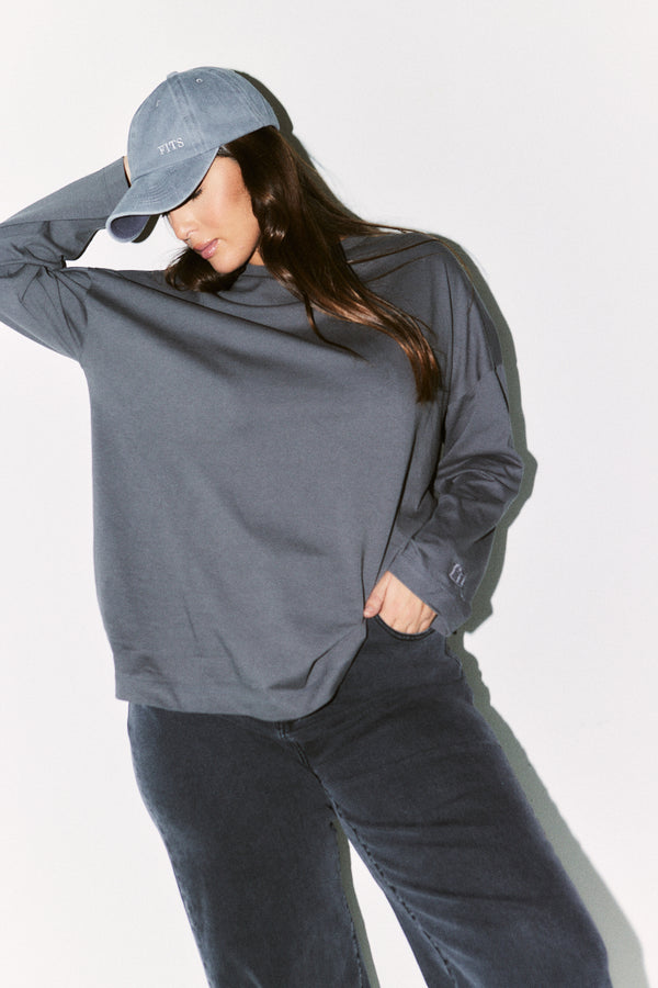 in the style {# Title already starts with vendor: print nothing extra #}Fits Embroidered Crew Neck Long Sleeve T-Shirt Charcoal