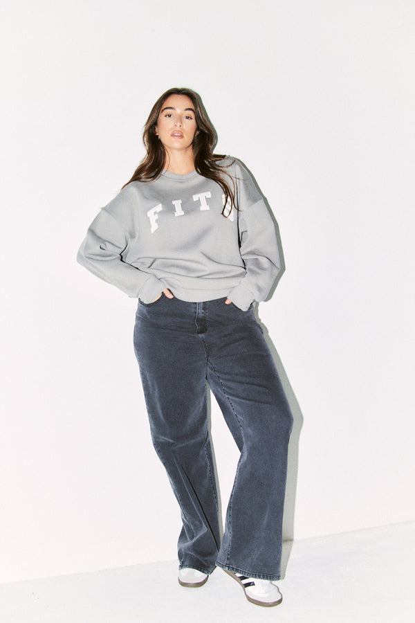 In The Style {# Title Already Starts With Vendor: Print Nothing Extra #}Fits Slogan Knitted Crew Neck Sweatshirt Slate