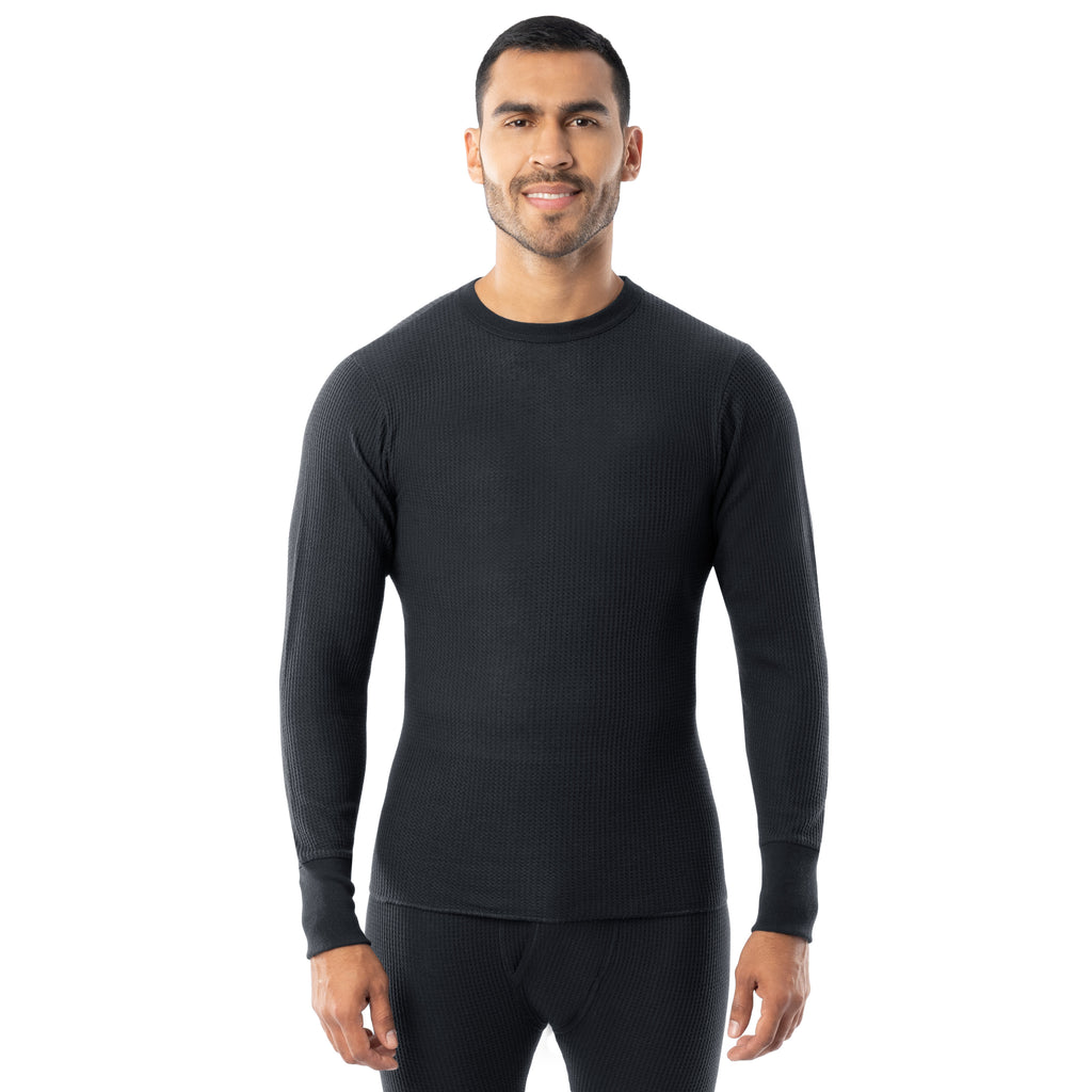 indera Men's Cotton Heavyweight Waffle Thermal Crew Black