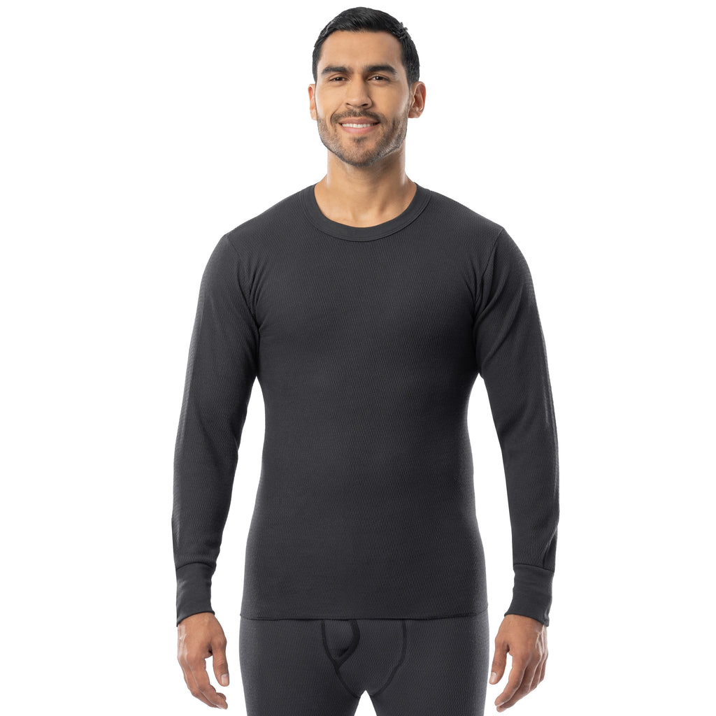 indera Men's Expedition Weight Cotton Raschel Knit Thermal Crew Black
