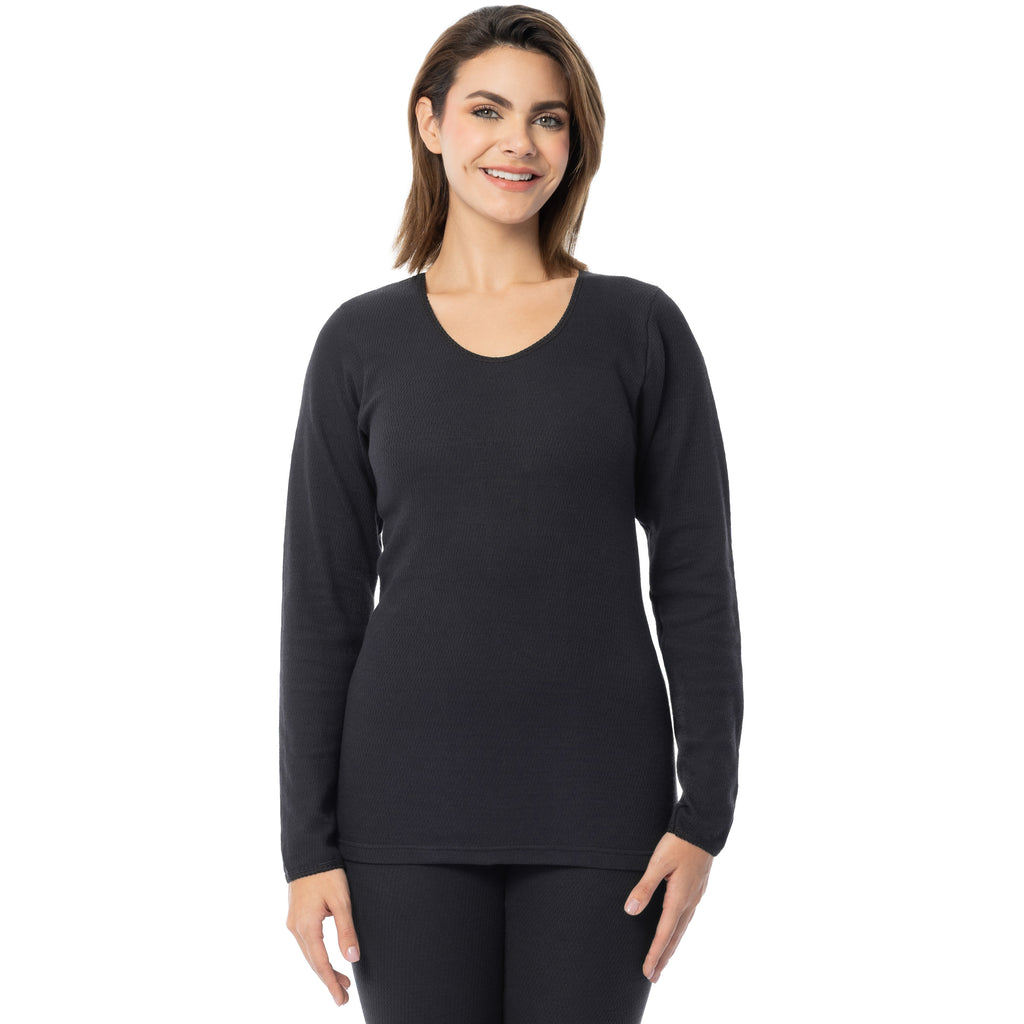 indera Women's Cotton Raschel Knit Thermal Crew Black