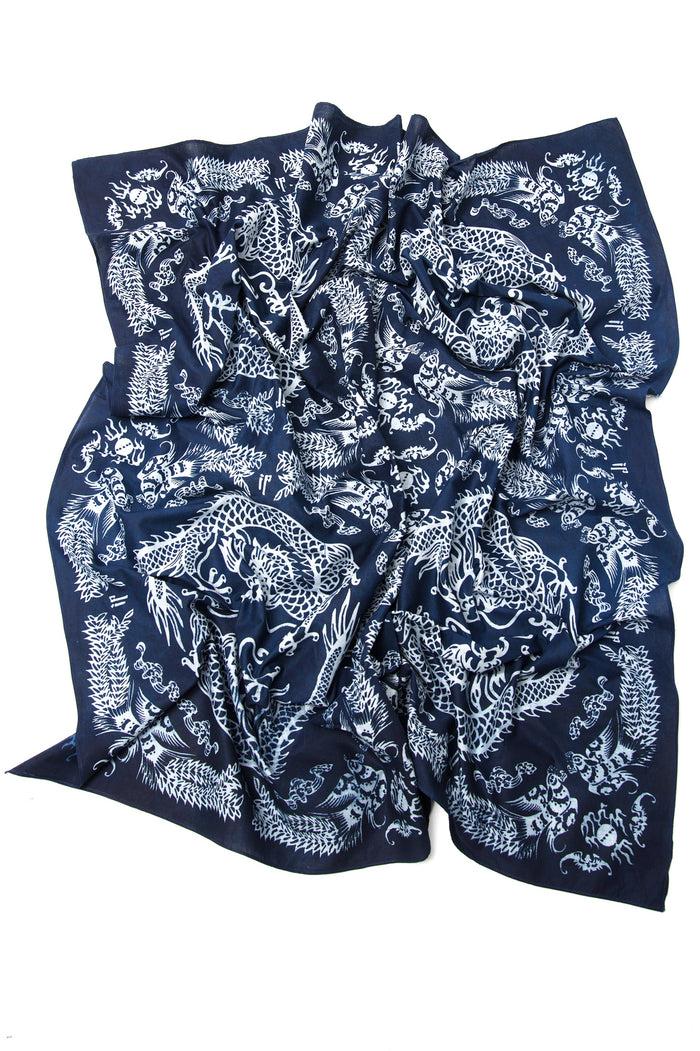 Indigo People DRAGON SQUARE SCARF - batik screen print