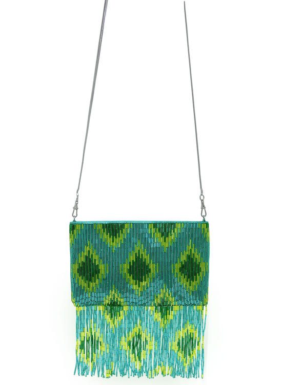 inge christopher Beaded Ikat Fringed Crossbody Aqua