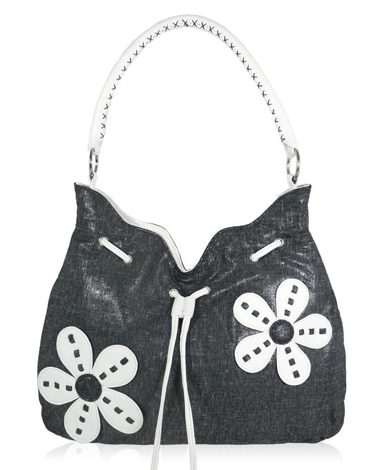 inge christopher Flower Power Leather Hobo Black