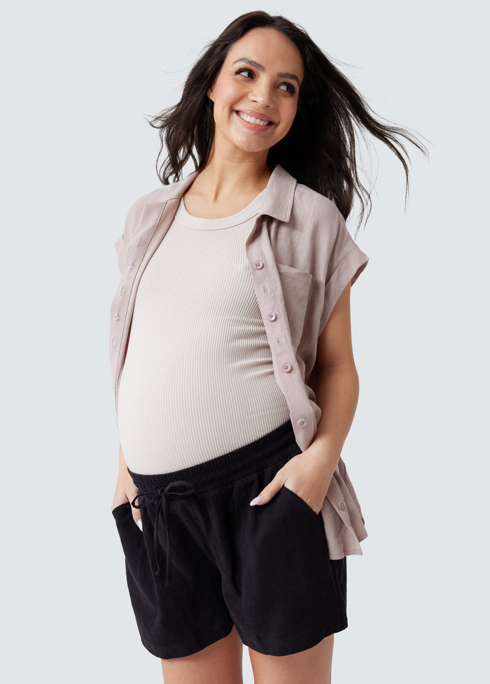 Ingrid & Isabel Breezy Linen Maternity Shirt Short Sleeve Button Up Etherea