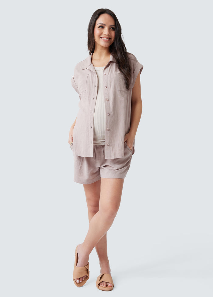 ingrid & isabel Breezy Linen Maternity Shirt Short Sleeve Button Up Etherea