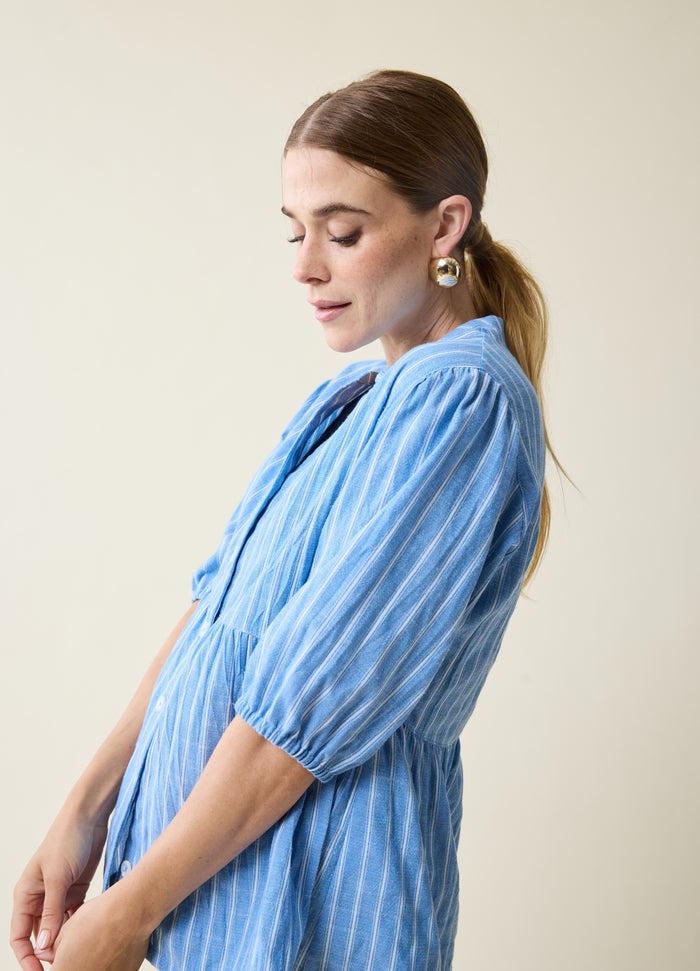 Ingrid & Isabel Maternity + Nursing Peplum Shirt Blue And White Stripe Button Up Short Sleeve Blue/White Stripe