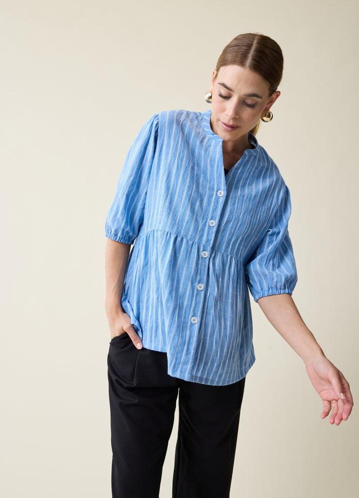 ingrid & isabel Maternity + Nursing Peplum Shirt Blue and White Stripe Button Up Short Sleeve Blue/White Stripe