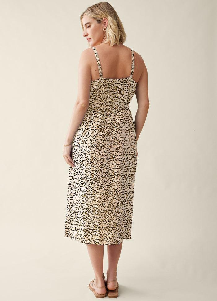 Ingrid & Isabel Printed Button Front Midi Maternity Dress Olve/Navy Abstract