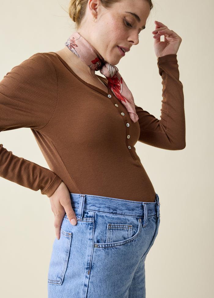 Ingrid & Isabel Rib Henley Long Sleeve Maternity + Nursing Top Chestnut
