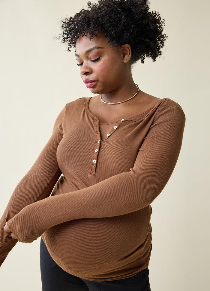 Ingrid & Isabel Rib Henley Long Sleeve Maternity + Nursing Top Chestnut