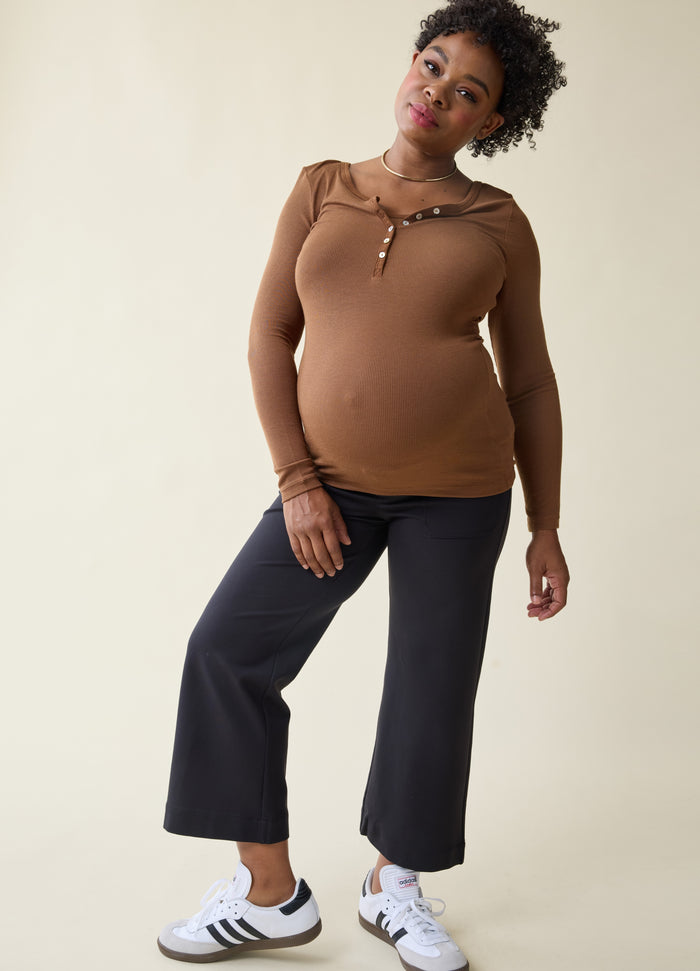Ingrid & Isabel Rib Henley Long Sleeve Maternity + Nursing Top Chestnut