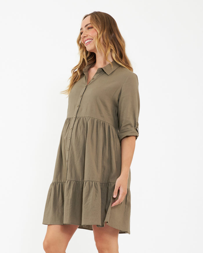 Ingrid & Isabel Ripe Adele Olive Linen Maternity And Nursing Dress Olive