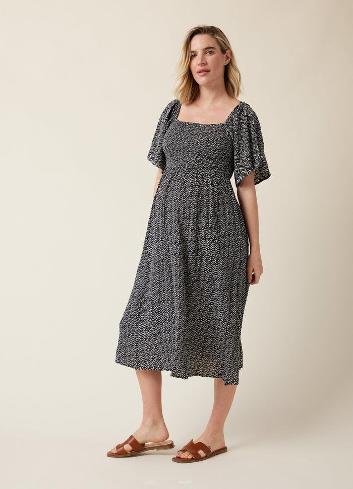 Ingrid & Isabel Ripe Emmy Shirred Maternity And Nursing Midi Dress Black Natural