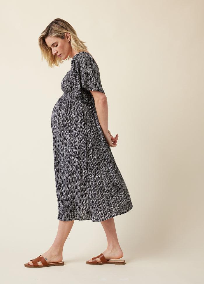Ingrid & Isabel Ripe Emmy Shirred Maternity And Nursing Midi Dress Black Natural