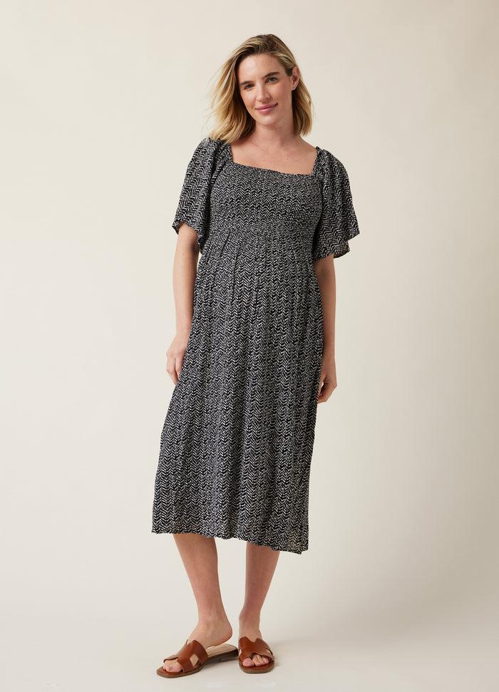 ingrid & isabel Ripe Emmy Shirred Maternity and Nursing Midi Dress Black Natural