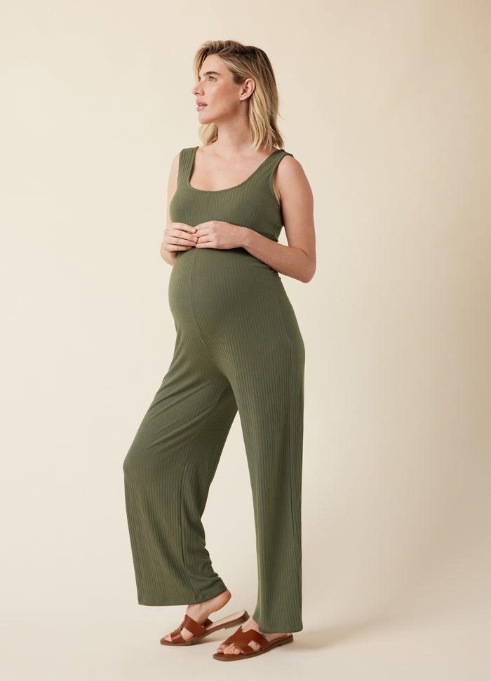 Ingrid & Isabel Ripe Maternity Bobby Rib Knit Olive Jumpsuit Khaki