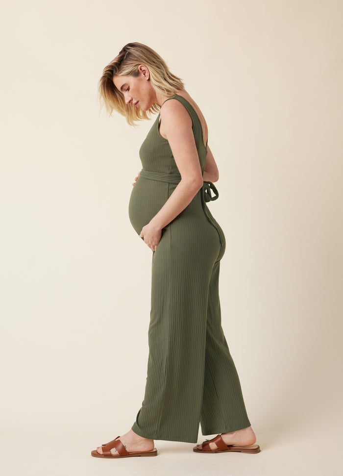 Ingrid & Isabel Ripe Maternity Bobby Rib Knit Olive Jumpsuit Khaki