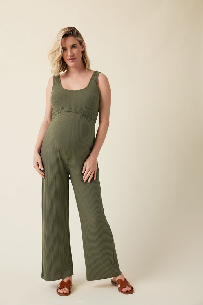 ingrid & isabel Ripe Maternity Bobby Rib Knit Olive Jumpsuit Khaki