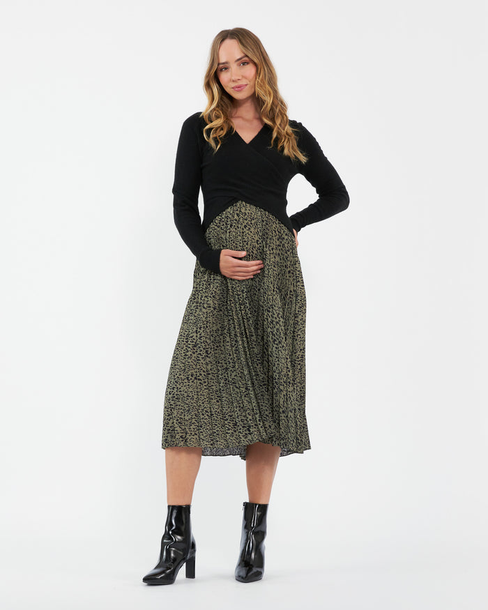 Ingrid & Isabel Ripe Maternity Cleo Pleat Midi Skirt Khaki/Black