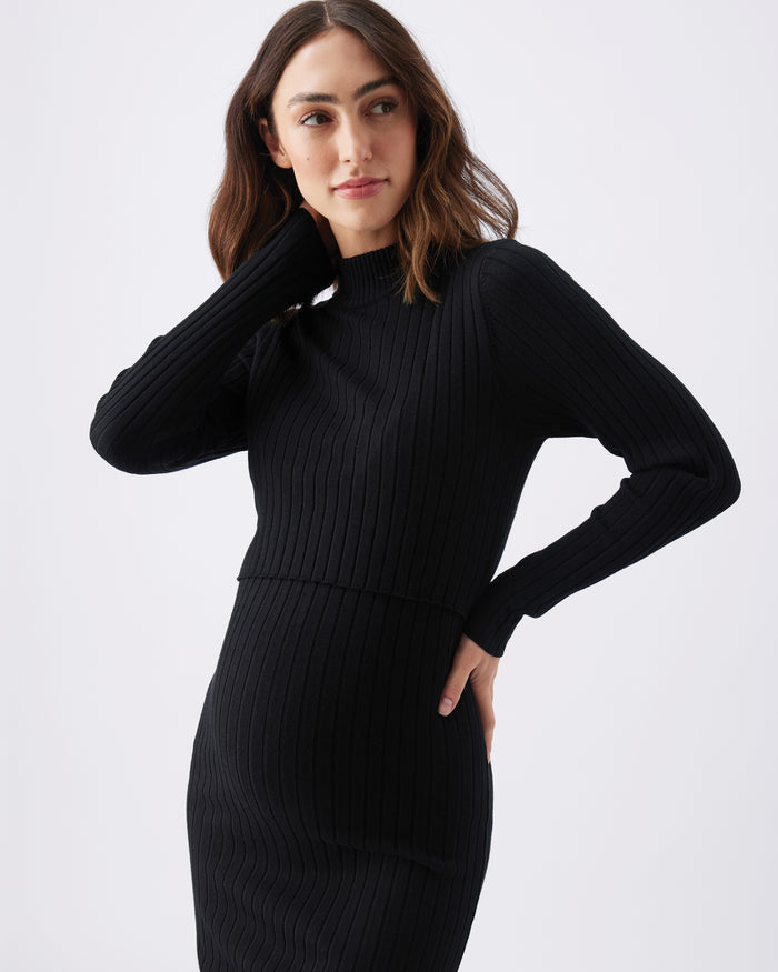 Ingrid & Isabel Ripe Maternity Nella Sweater Rib Nursing Knit Midi Dress Black