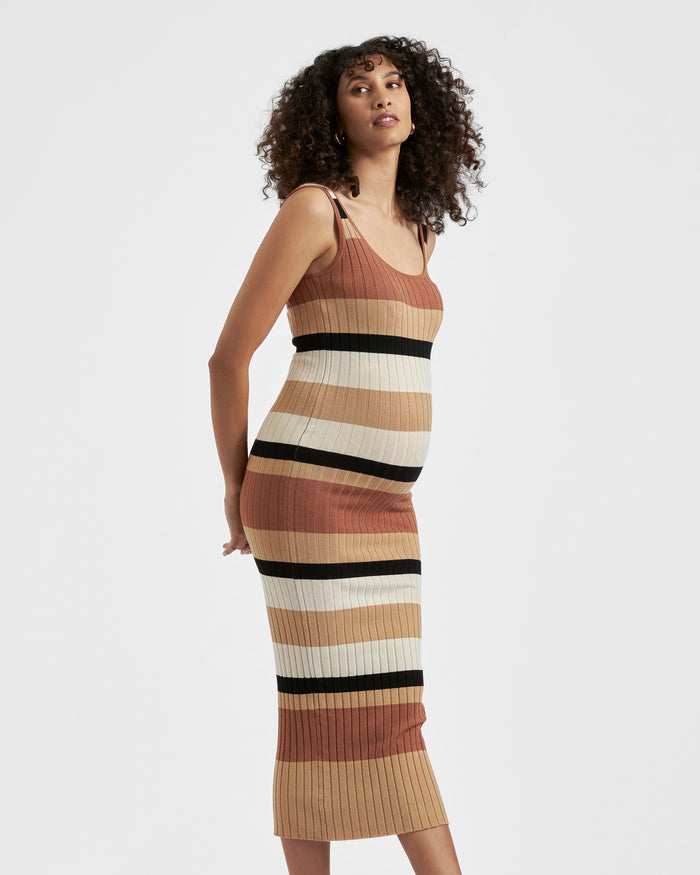 Ingrid & Isabel Ripe Maternity Sarah Stripe Sweater Knit Midi Dress Amber Natural Black
