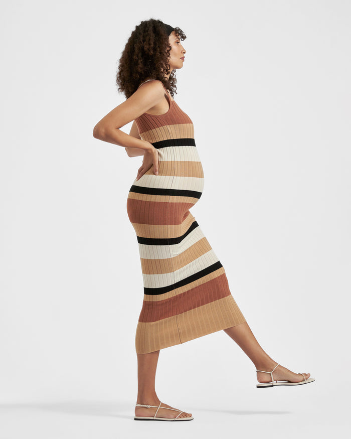Ingrid & Isabel Ripe Maternity Sarah Stripe Sweater Knit Midi Dress Amber Natural Black
