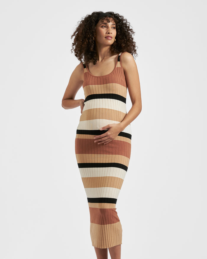 ingrid & isabel Ripe Maternity Sarah Stripe Sweater Knit Midi Dress Amber Natural Black