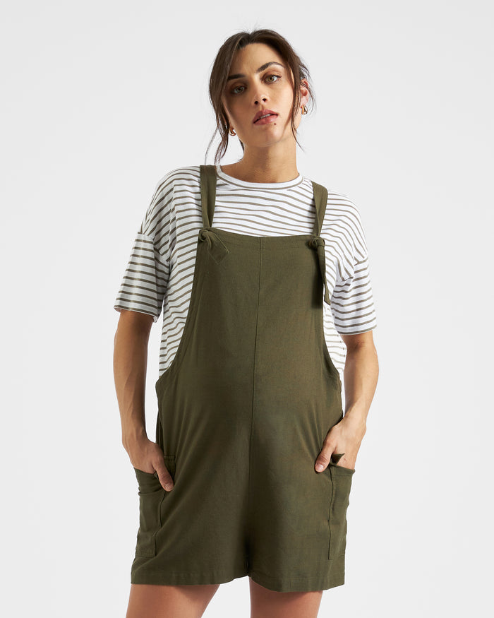 Ingrid & Isabel Ripe Maternity Terry Olive Linen Overalls Olive