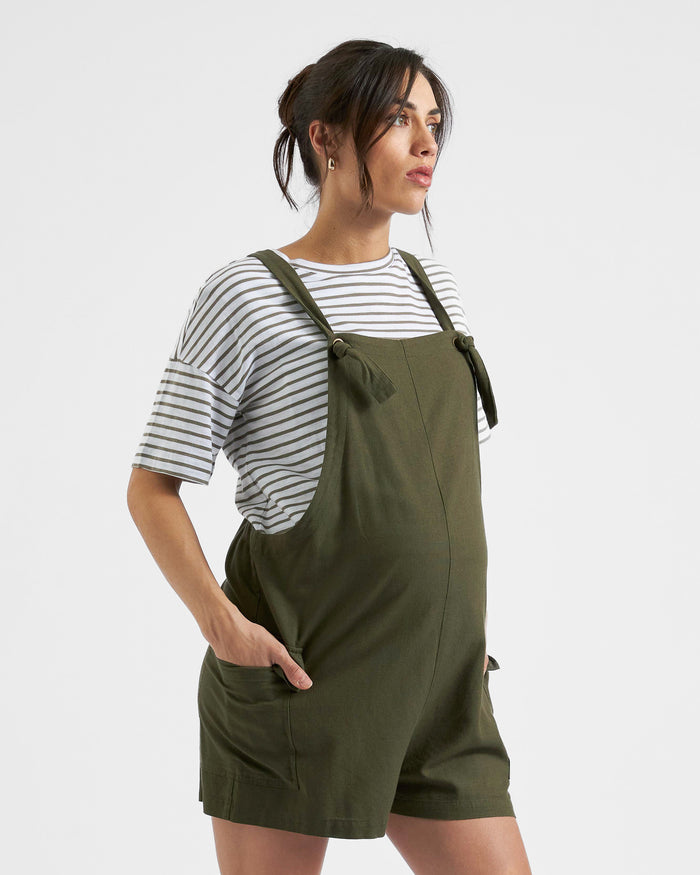 Ingrid & Isabel Ripe Maternity Terry Olive Linen Overalls Olive