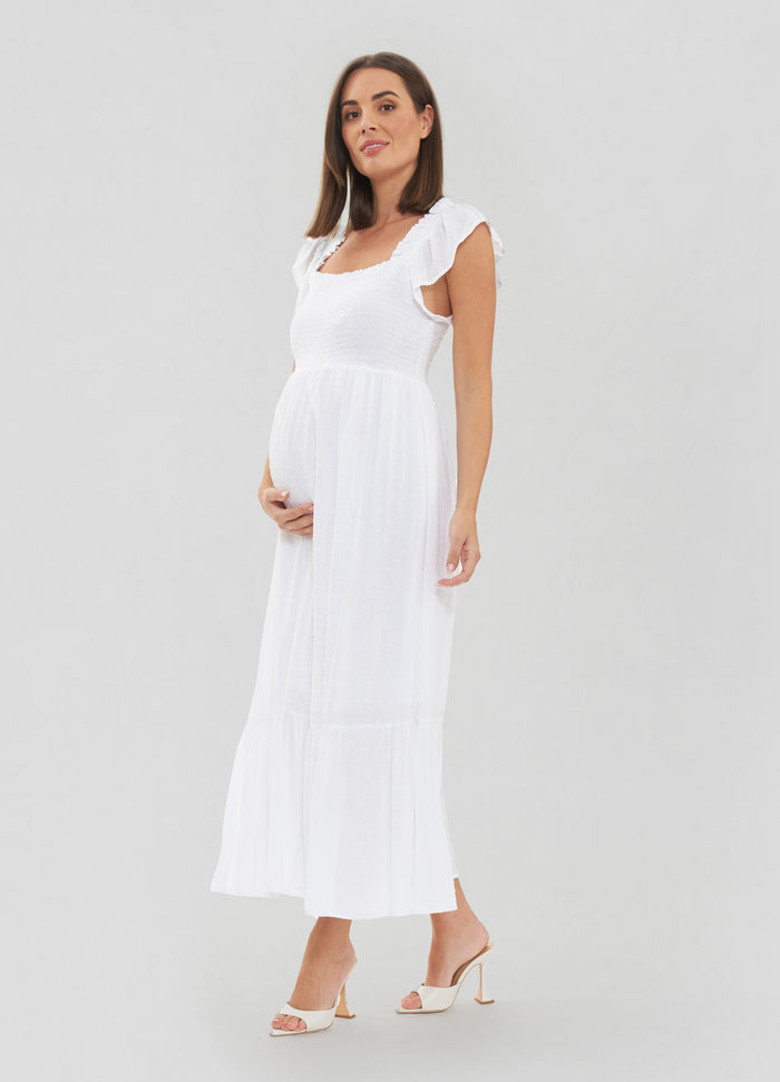 Ingrid & Isabel Ripe Maternity White Tiered Eyelet Maternity Midi Dress White