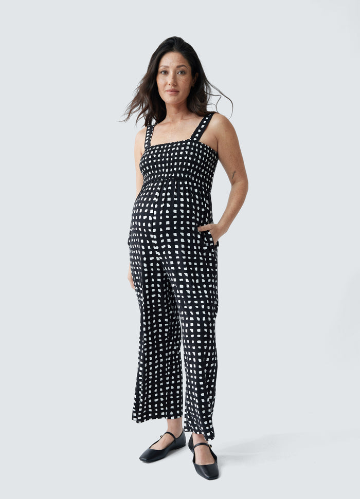 Ingrid & Isabel Smocked Bodice Maternity Jumpsuit Black Abstract Check