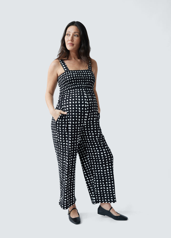 Ingrid & Isabel Smocked Bodice Maternity Jumpsuit Black Abstract Check