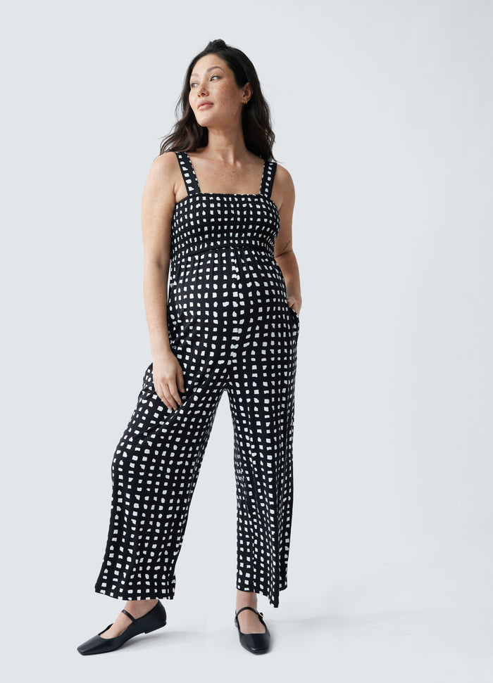 ingrid & isabel Smocked Bodice Maternity Jumpsuit Black Abstract Check