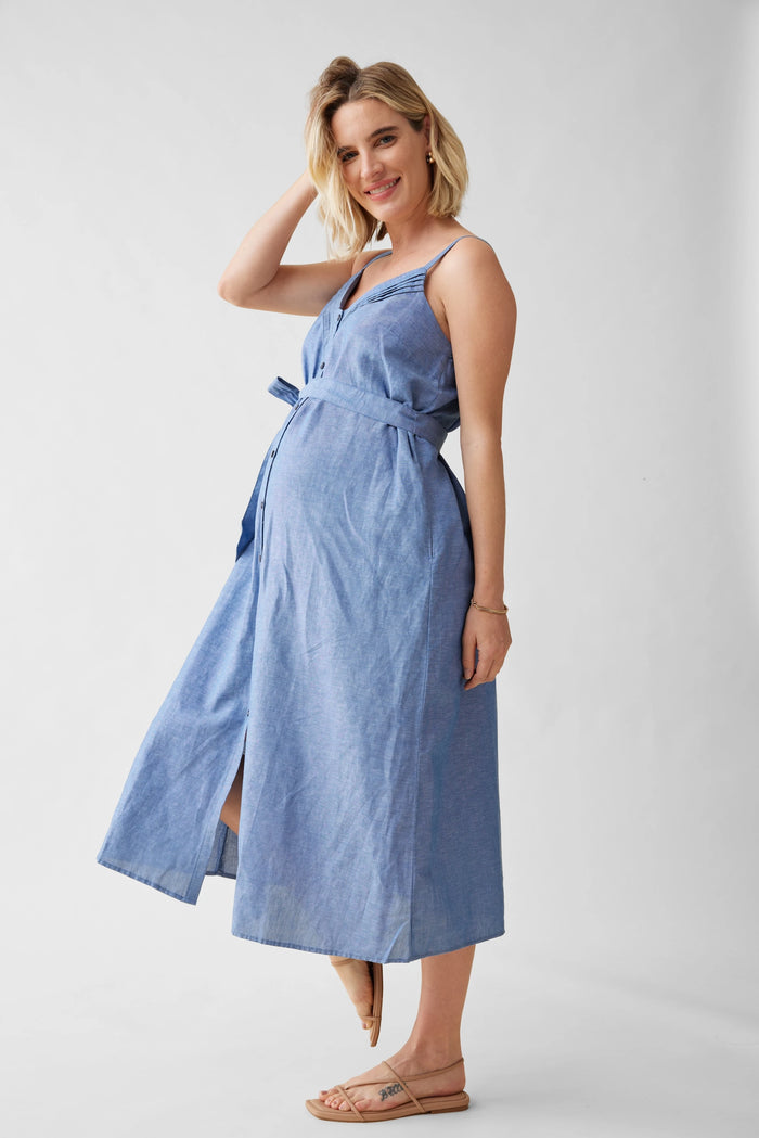 ingrid & isabel The Chambray Button Front Maternity Midi Dress Chambray