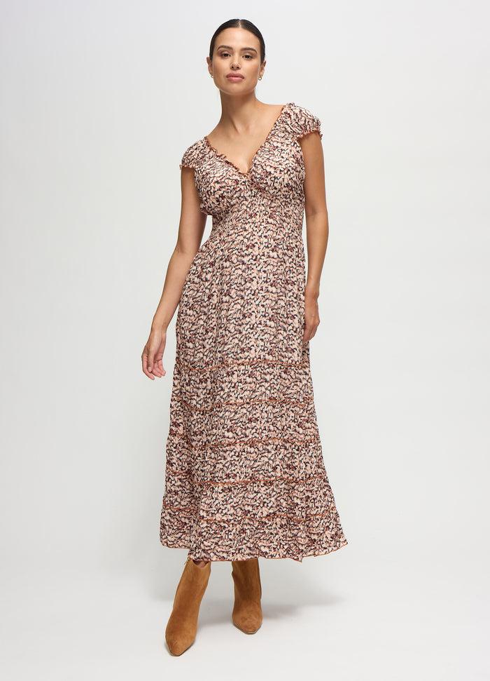 ingrid & isabel The Daydream Maternity Midi Cap Sleeve Dress Brown/Navy Abstract