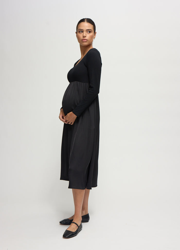 Ingrid & Isabel The Double Take Mixed Media Black Maternity Midi Dress Black