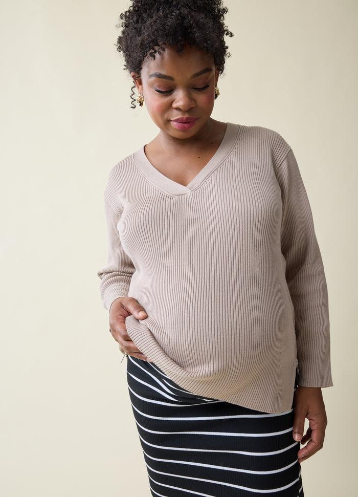 ingrid & isabel The EveryWear Side Zip Maternity + Nursing Sweater Beige