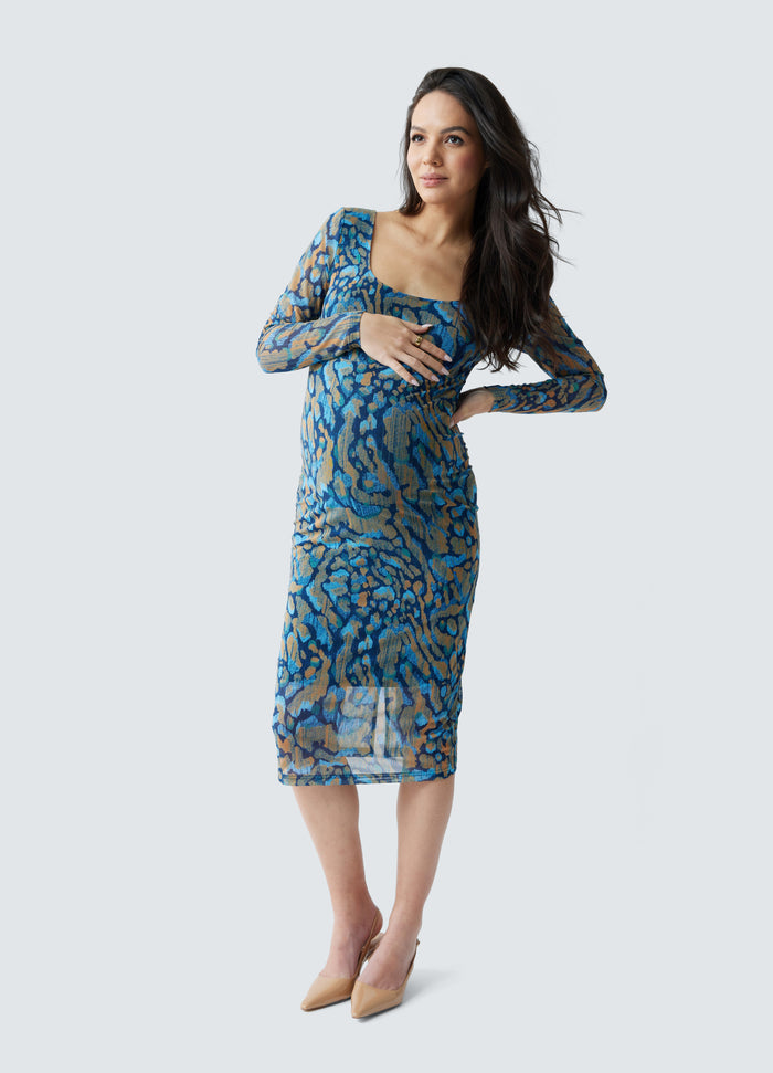 Ingrid & Isabel The Icon Mesh Maternity Midi Dress Blue Animal
