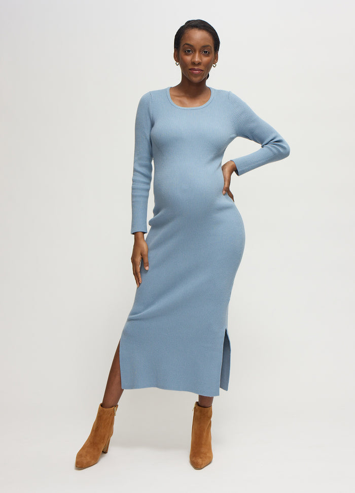 Ingrid & Isabel The Long Sleeve Ribbed Sweater Midi Maternity Dress Blue Gray