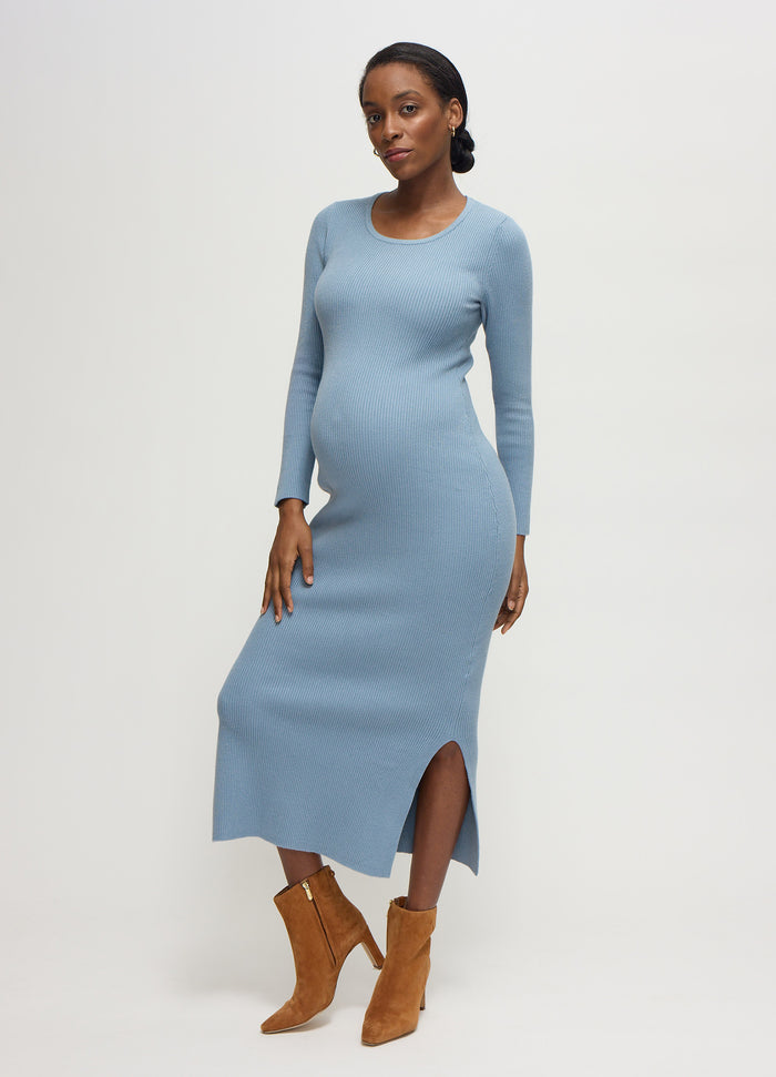 ingrid & isabel The Long Sleeve Ribbed Sweater Midi Maternity Dress Blue Gray