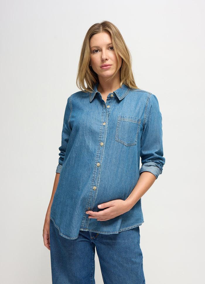 ingrid & isabel The Relaxed Button Down Maternity and Nursing Denim Shirt Medium Wash