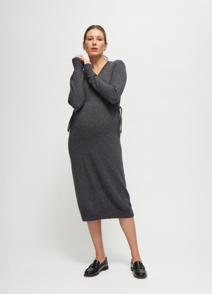 Ingrid & Isabel The Soft V-Neck Side Tie Sweater Midi Maternity Dress Dark Grey