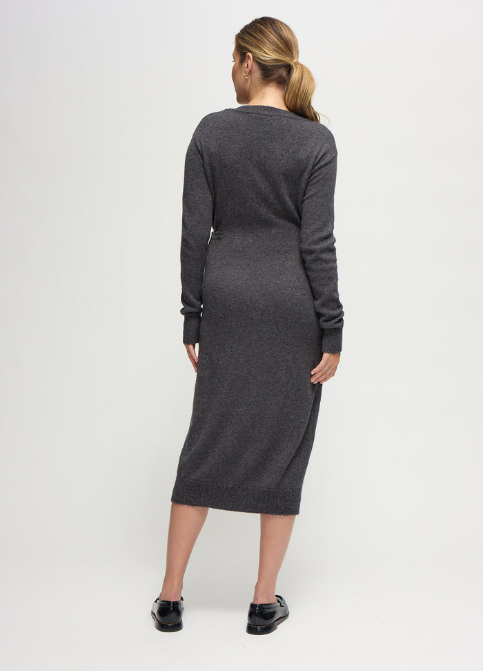 Ingrid & Isabel The Soft V-Neck Side Tie Sweater Midi Maternity Dress Dark Grey