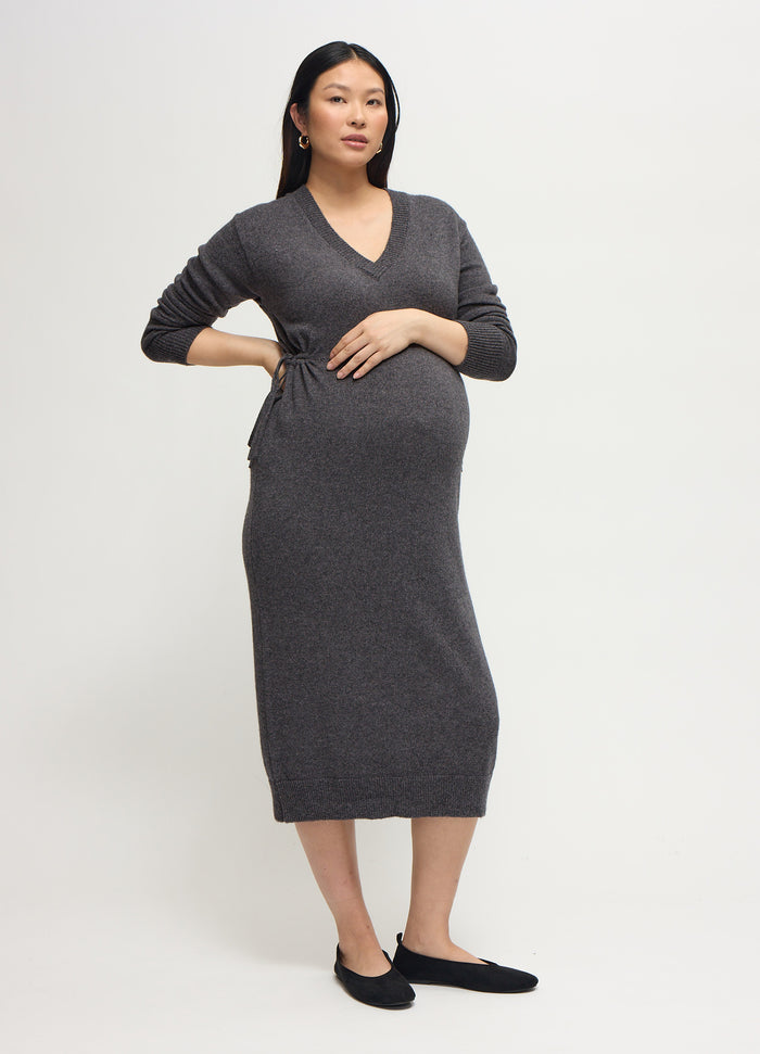 ingrid & isabel The Soft V-Neck Side Tie Sweater Midi Maternity Dress Dark Grey