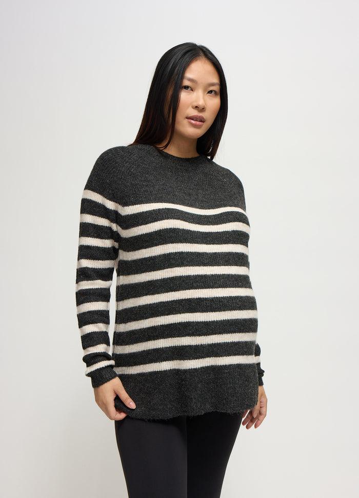Ingrid & Isabel The Softline Side Zip Stripe Maternity And Nursing Sweater Charcoal/Ivory