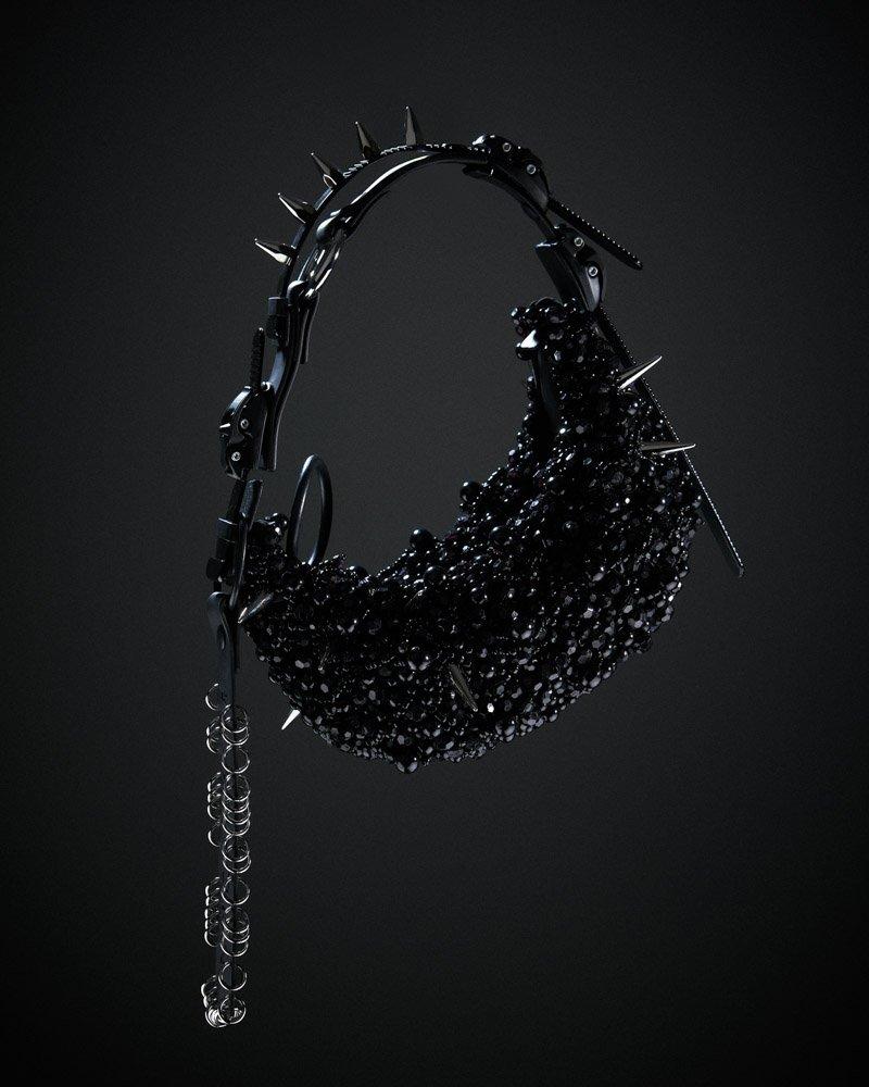 Innerraum Berlin INNERRAUM X JUNYA WATANABE – HALF MOON BAG With PEARLS & SPIKES BLACK SHINE + BLACK