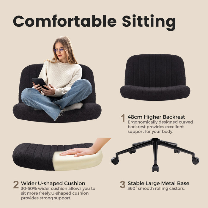 Intimate Wm Heart Criss Cross Chair With Wheels Armless Wide Seat Office Chair Teddy Fabric Cross Legged Desk Chair Height Adjustable Computer Task Chair Swivel Vanity Chair For Bedroom Make Up Small Space