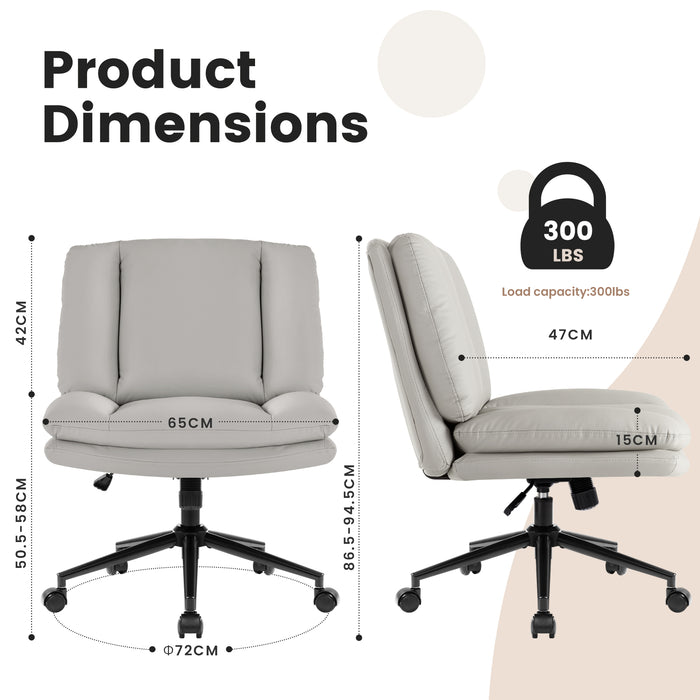 Intimate Wm Heart Gray Armless Office Desk Chair With Wheels Faux Leather Cross Legged Wide Seat Office Chair With Double Thickened Padding Height Adjustable Ergonomic Swivel Vanity Chairs